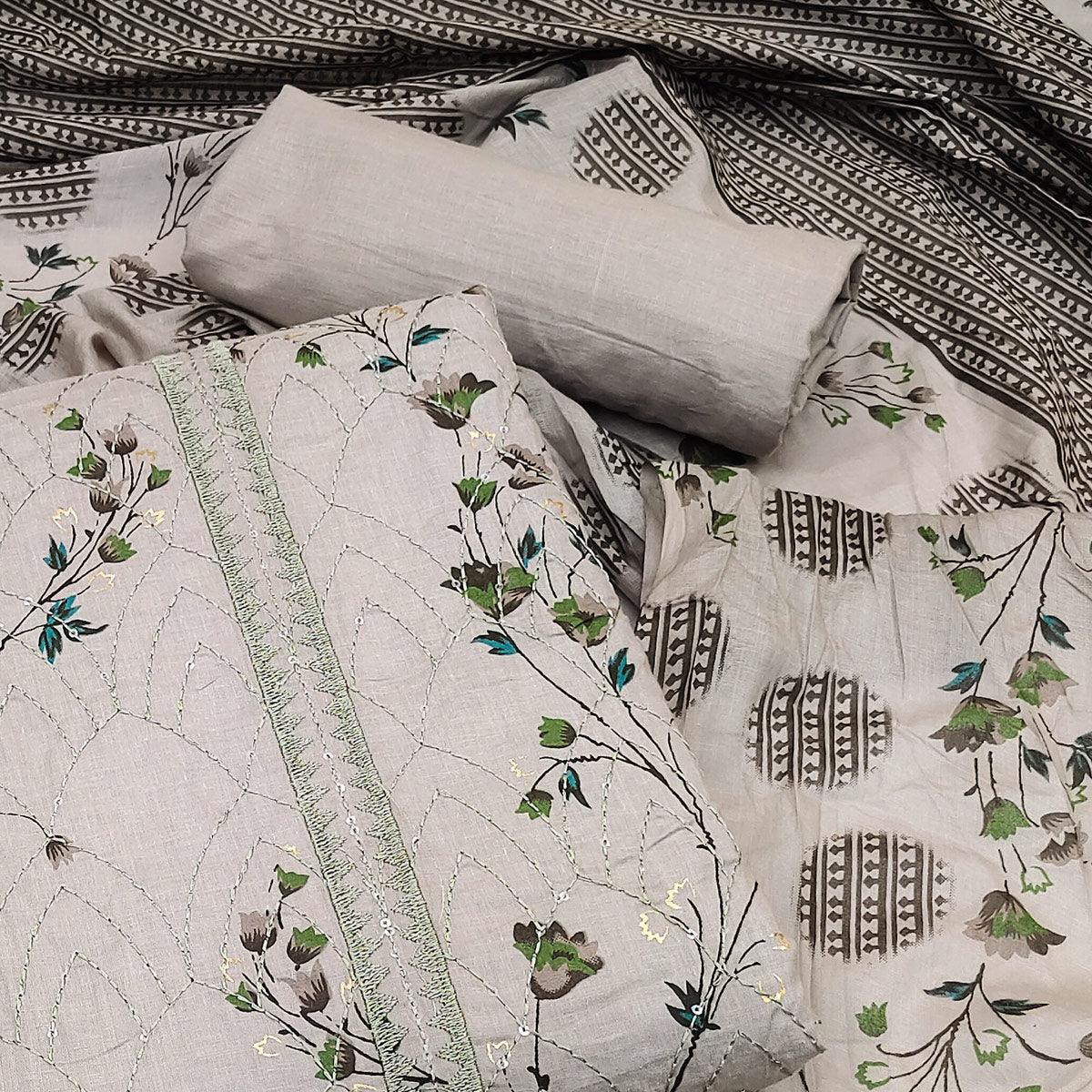 Coffee Floral Printed With Embroidered Pure Cotton Dress Material