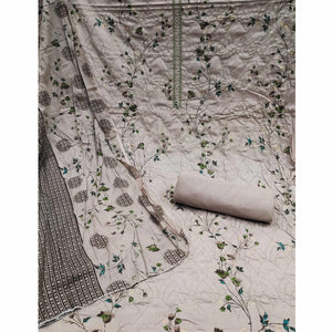 Coffee Floral Printed With Embroidered Pure Cotton Dress Material