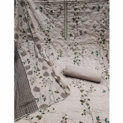 Coffee Floral Printed With Embroidered Pure Cotton Dress Material