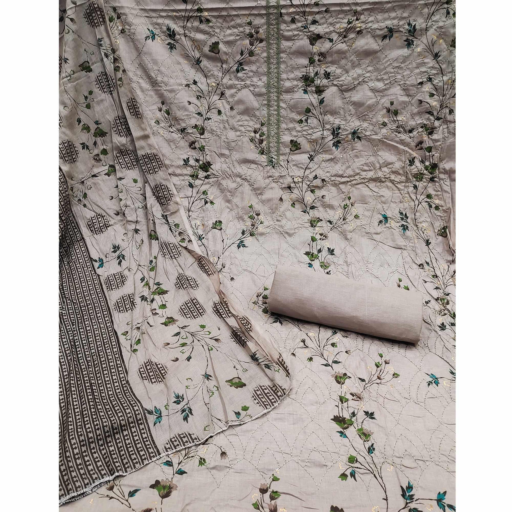 Coffee Floral Printed With Embroidered Pure Cotton Dress Material