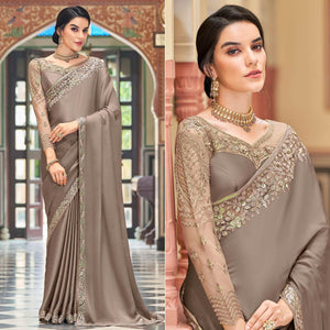 Coffee Floral Sequins Embroidered Art Silk Saree