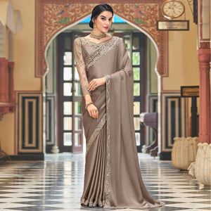 Coffee Floral Sequins Embroidered Art Silk Saree
