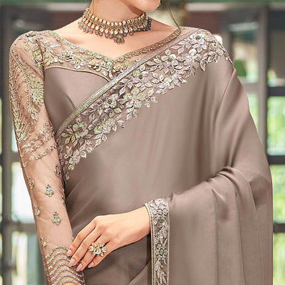 Coffee Floral Sequins Embroidered Art Silk Saree