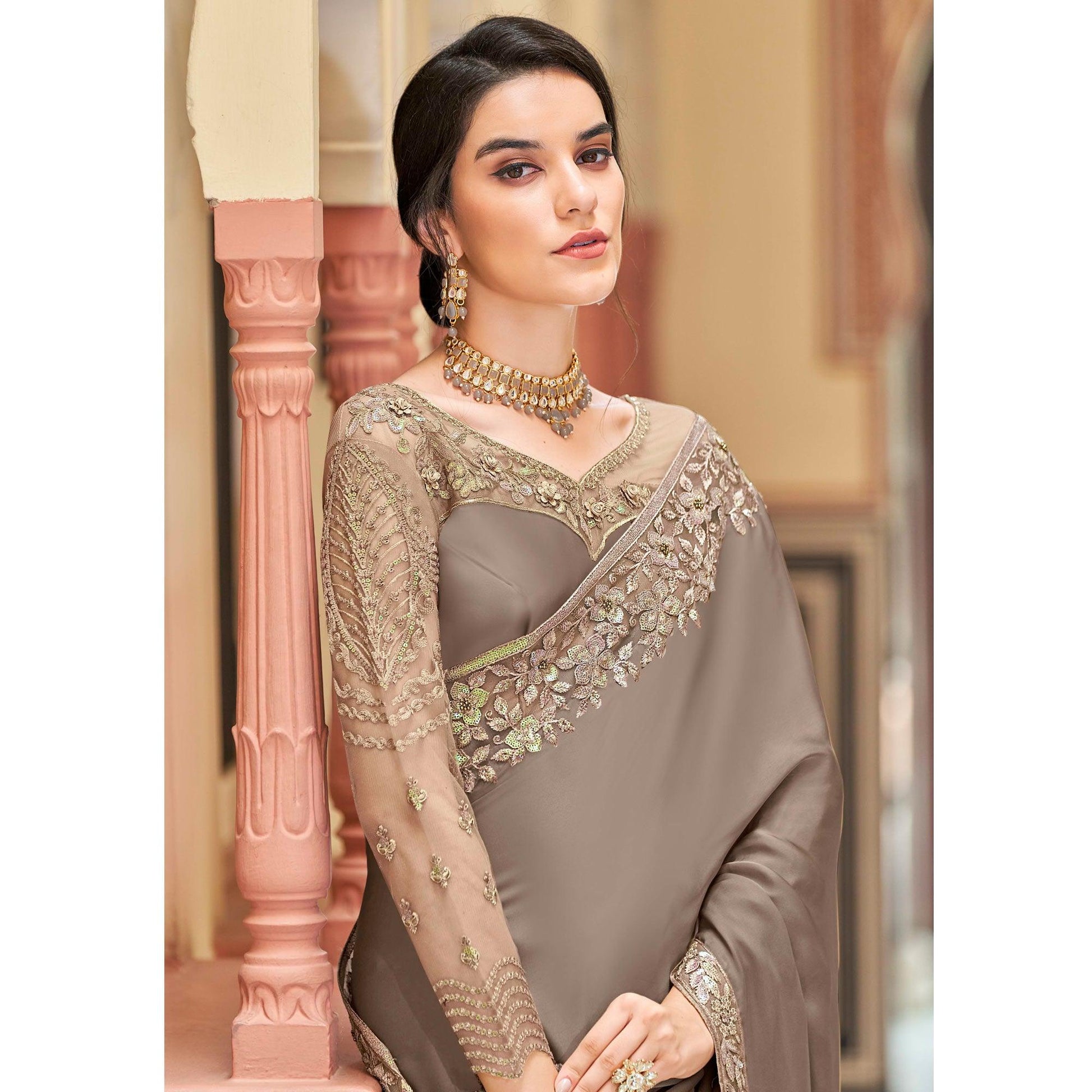 Coffee Floral Sequins Embroidered Art Silk Saree