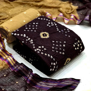 Coffee Hand Bandhani Printed Pure Cotton Dress Material