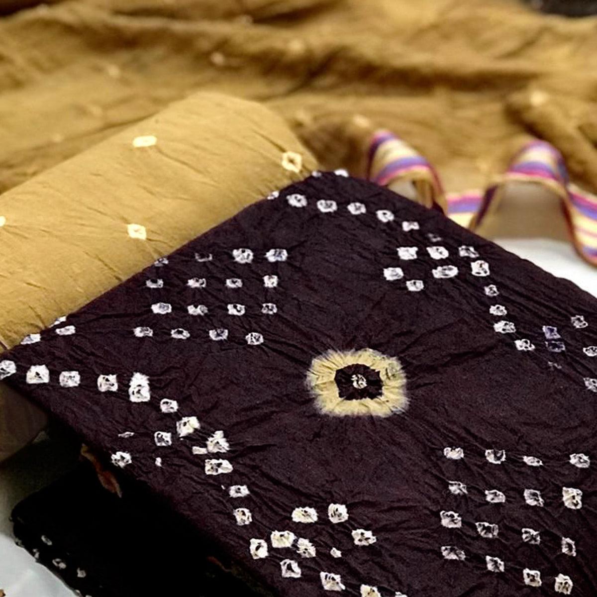 Coffee Hand Bandhani Printed Pure Cotton Dress Material
