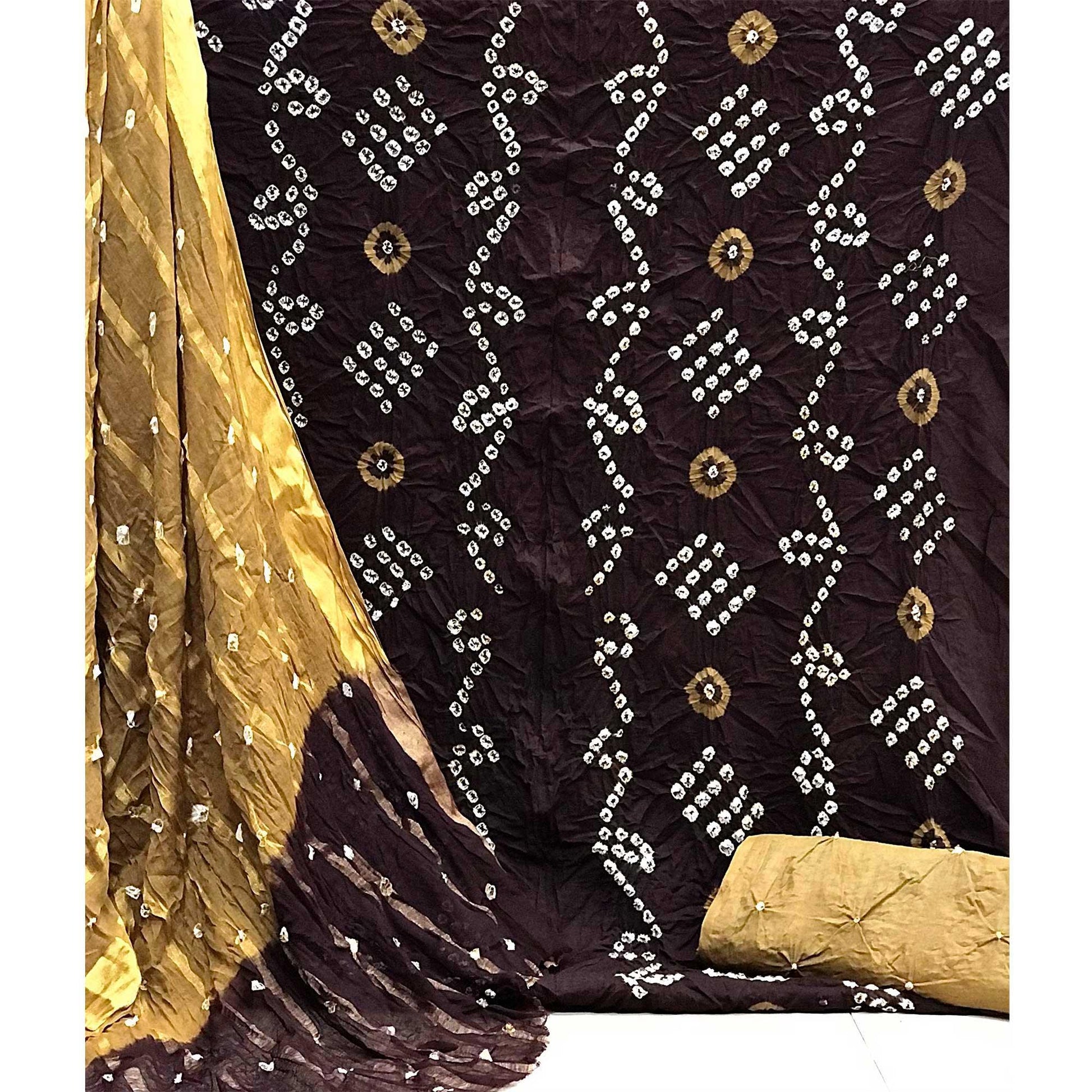 Coffee Hand Bandhani Printed Pure Cotton Dress Material