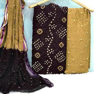 Coffee Hand Bandhani Printed Pure Cotton Dress Material