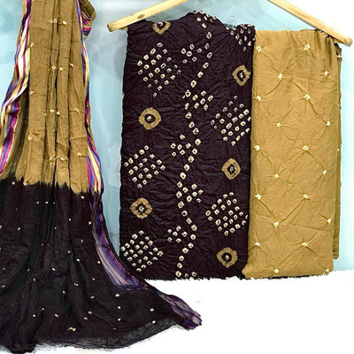 Coffee Hand Bandhani Printed Pure Cotton Dress Material