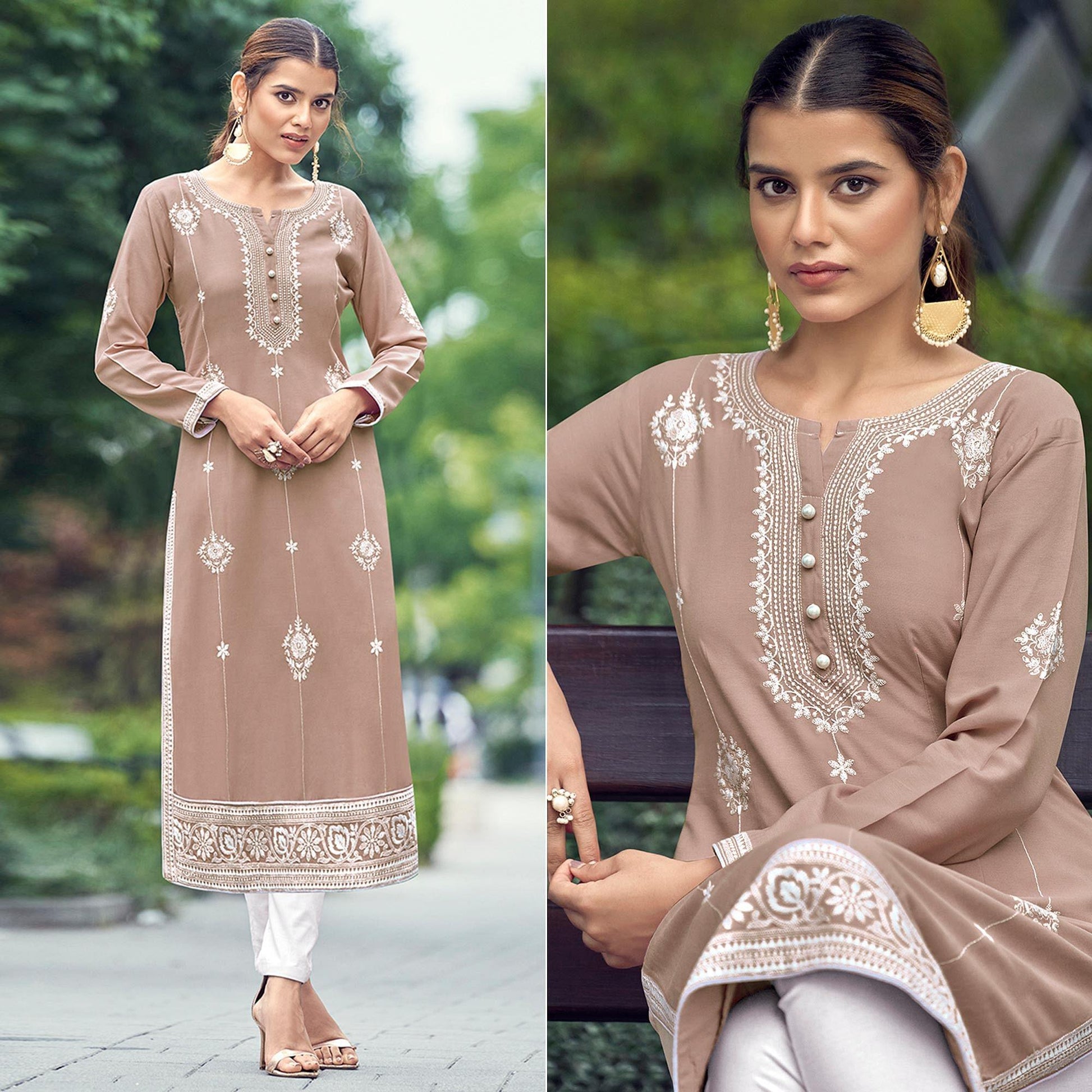 Coffee Lakhnawi Work Rayon Kurti
