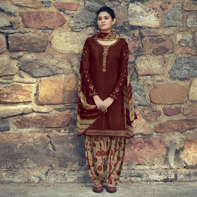 Coffee Partywear Embroidered Royal French Crepe Patiala Suit