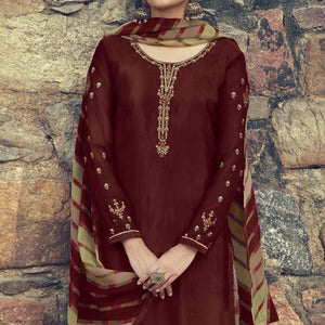 Coffee Partywear Embroidered Royal French Crepe Patiala Suit