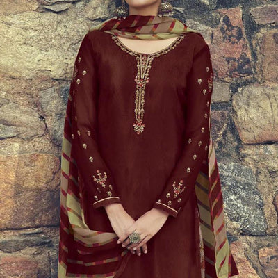 Coffee Partywear Embroidered Royal French Crepe Patiala Suit