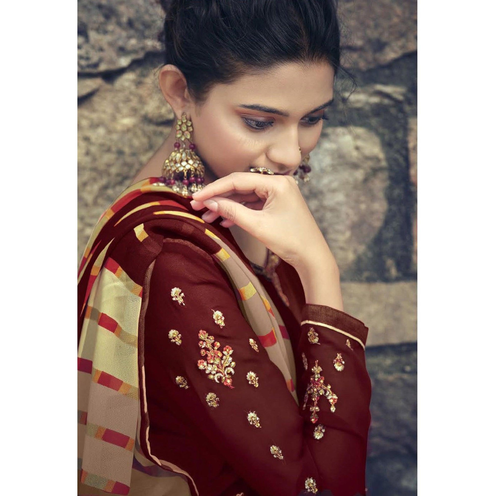 Coffee Partywear Embroidered Royal French Crepe Patiala Suit