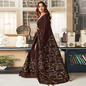 Coffee Printed Art Silk Saree With Tassels