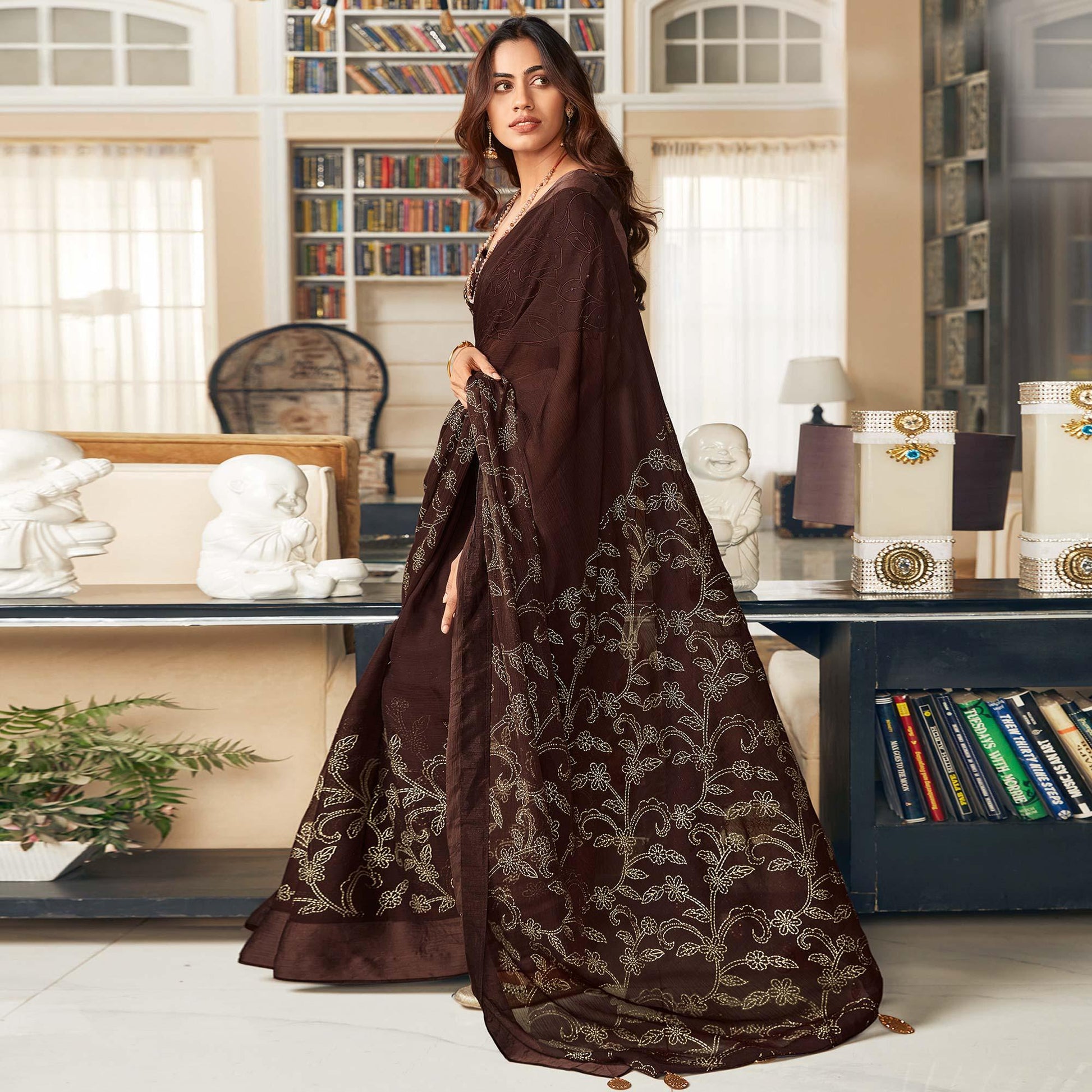 Coffee Printed Art Silk Saree With Tassels