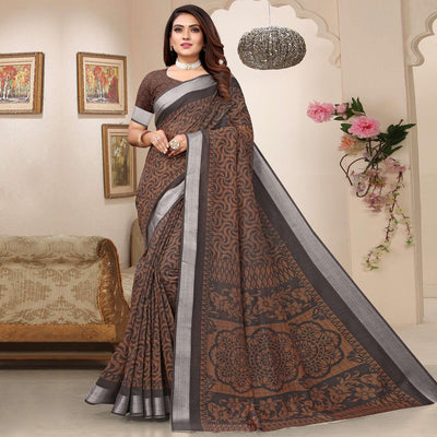 Coffee Printed Linen Saree