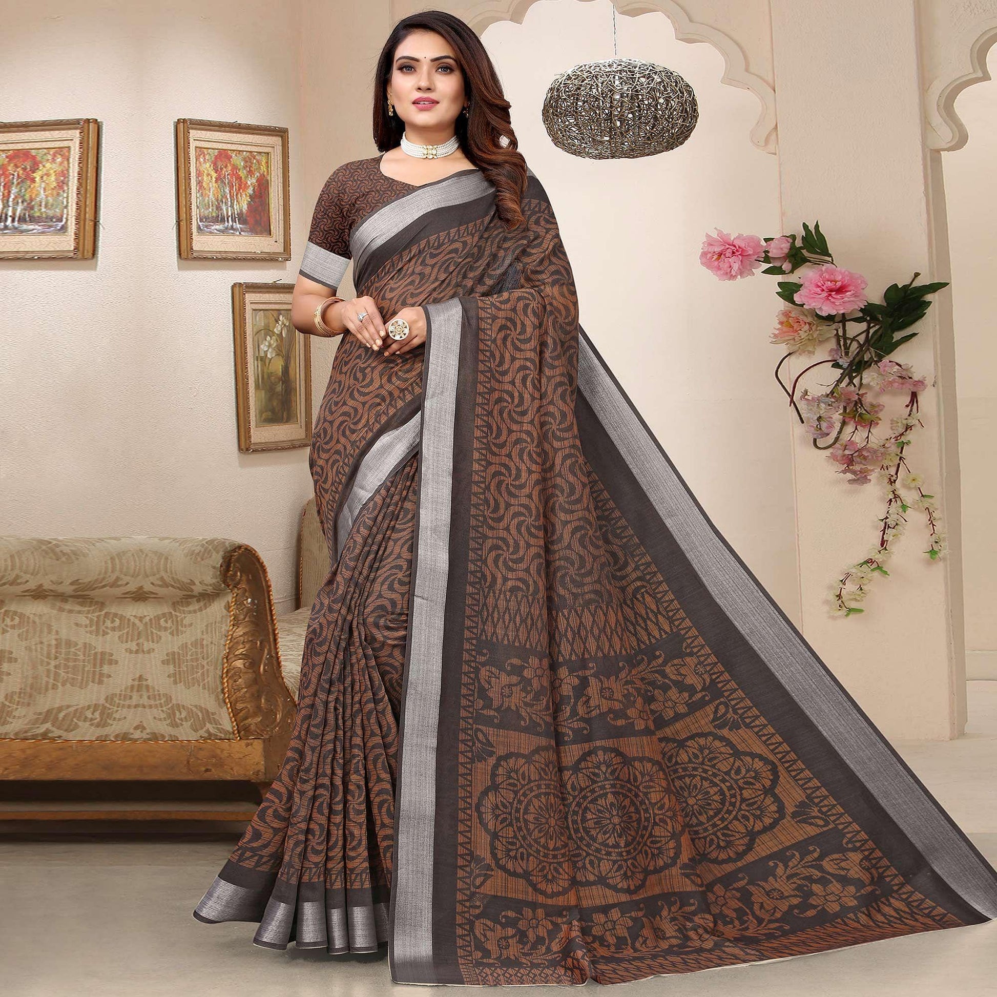 Coffee Printed Linen Saree