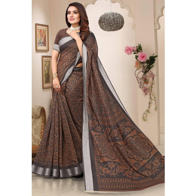 Coffee Printed Linen Saree