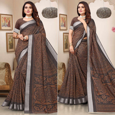 Coffee Printed Linen Saree