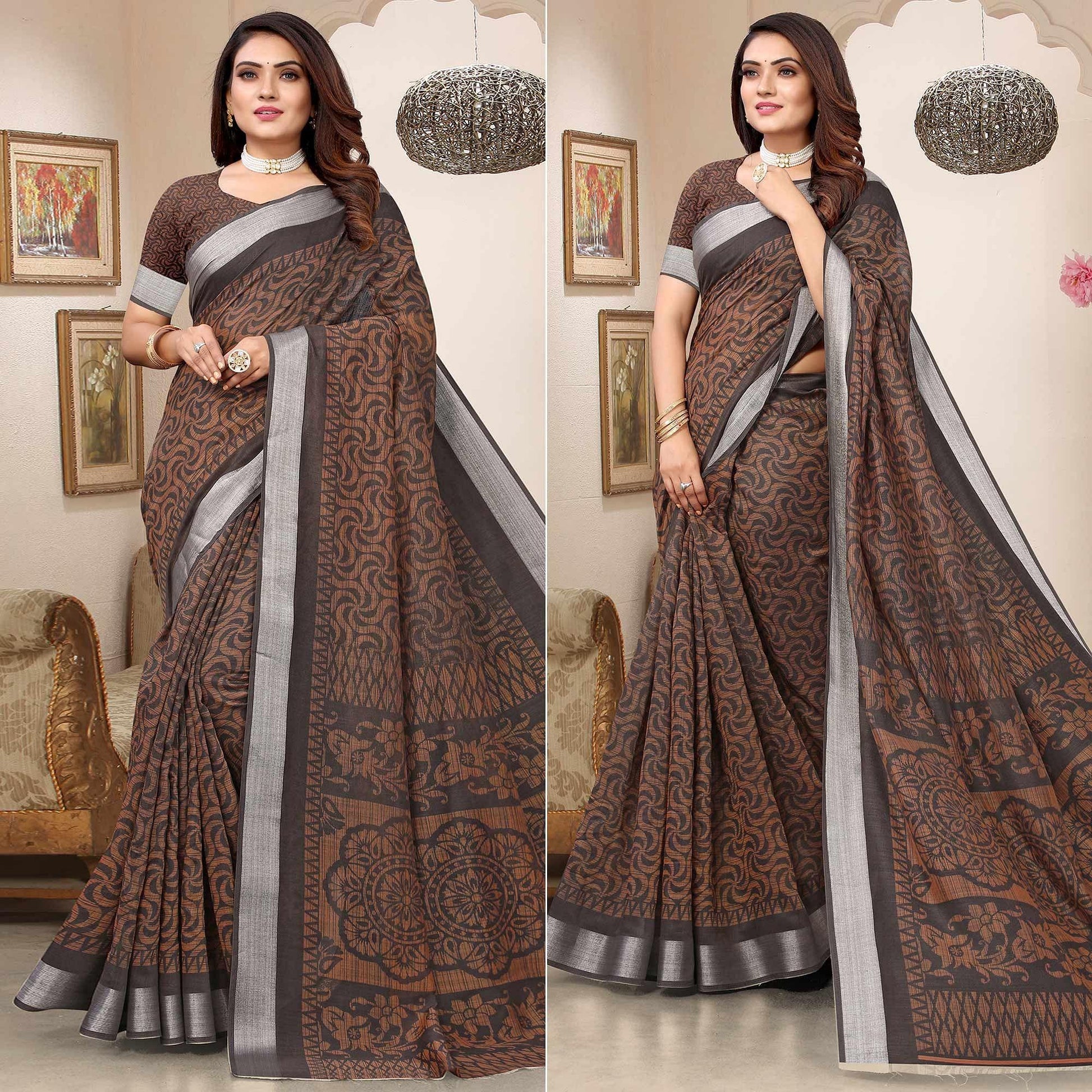 Coffee Printed Linen Saree