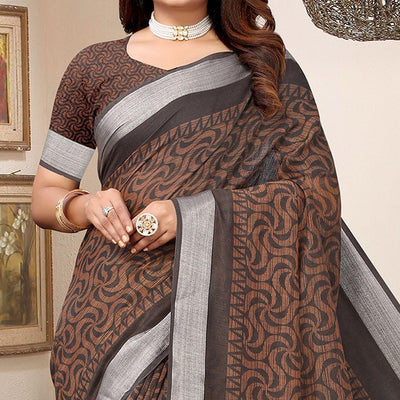 Coffee Printed Linen Saree