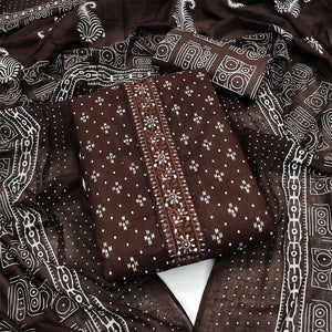 Coffee Printed With Embroidered Cotton Blend Dress Material