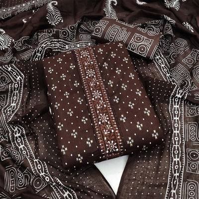 Coffee Printed With Embroidered Cotton Blend Dress Material