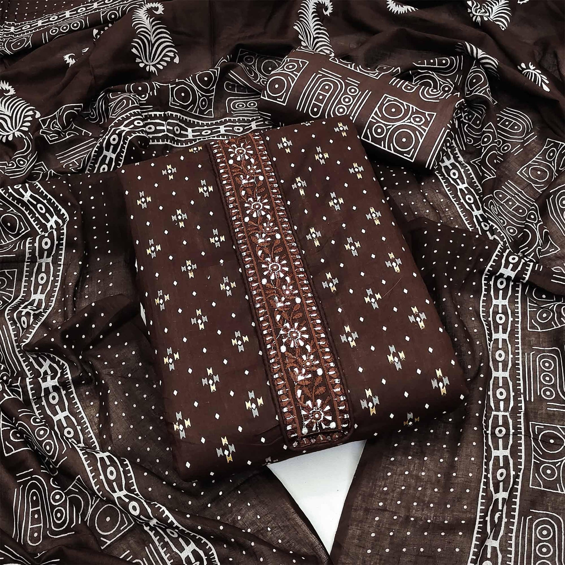 Coffee Printed With Embroidered Cotton Blend Dress Material