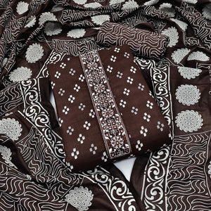 Coffee Printed With Embroidered Cotton Blend Dress Material