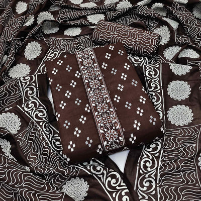 Coffee Printed With Embroidered Cotton Blend Dress Material