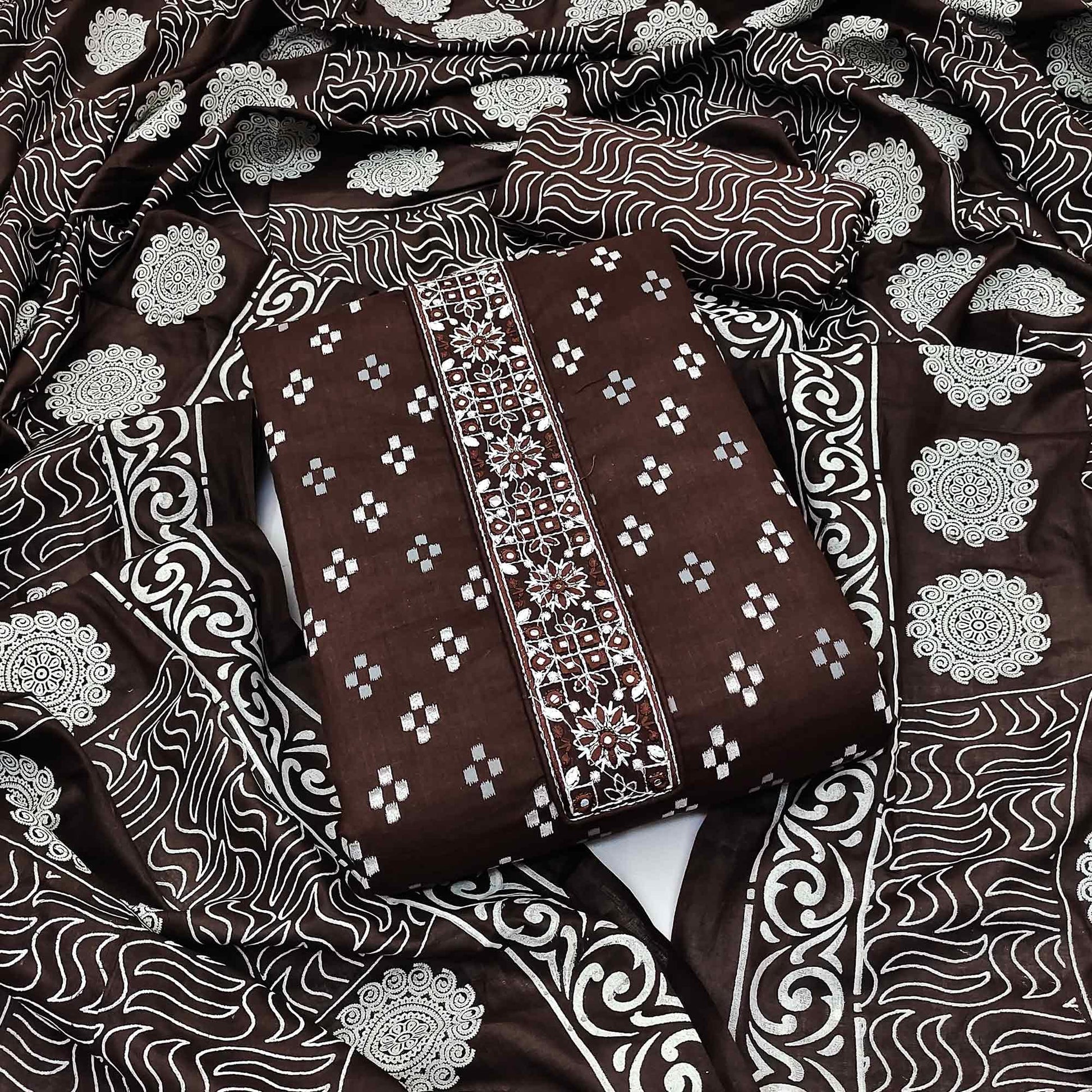 Coffee Printed With Embroidered Cotton Blend Dress Material