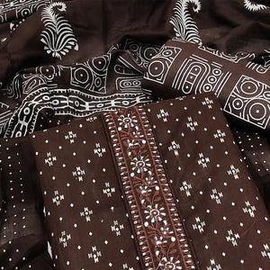 Coffee Printed With Embroidered Cotton Blend Dress Material