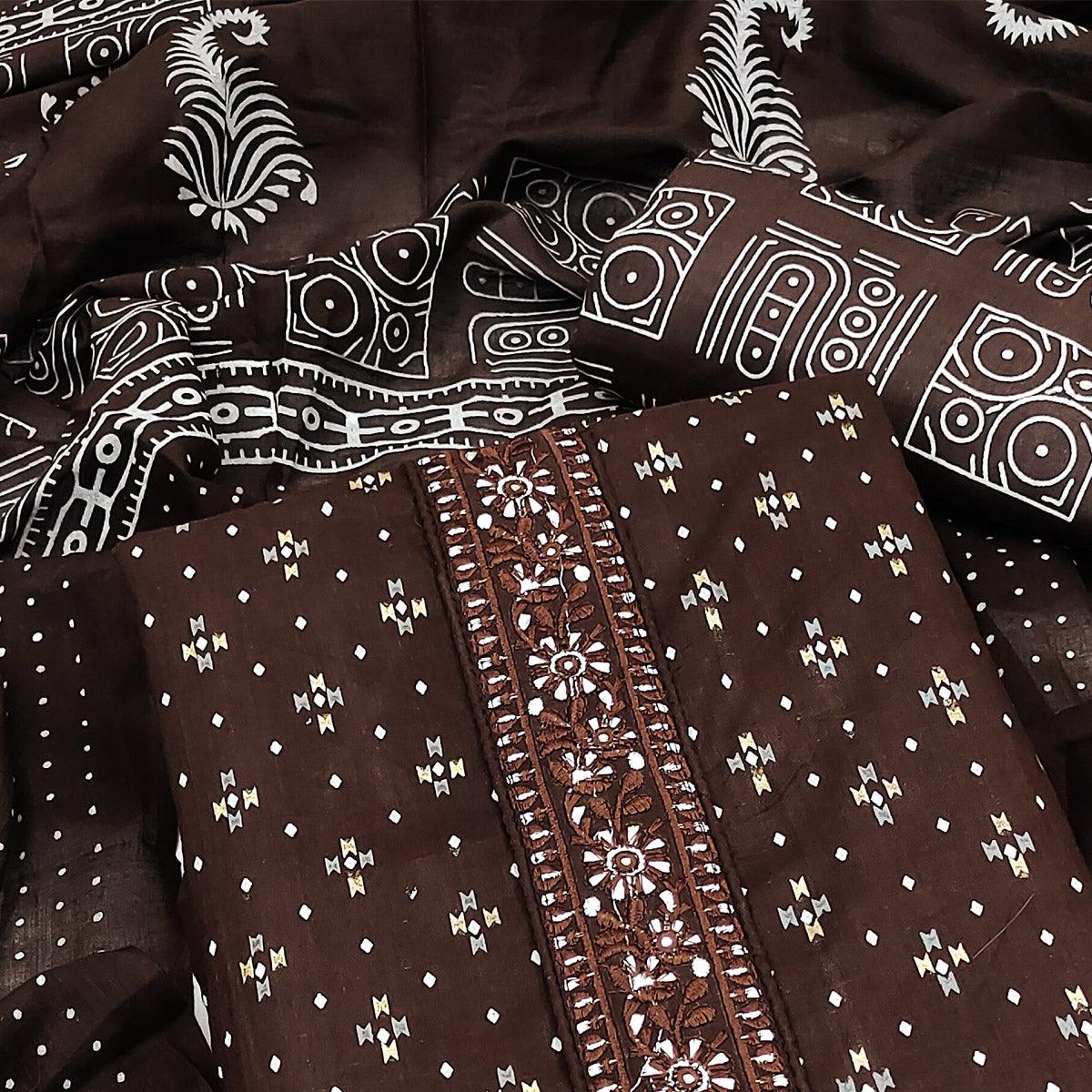 Coffee Printed With Embroidered Cotton Blend Dress Material