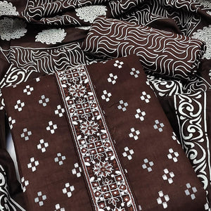 Coffee Printed With Embroidered Cotton Blend Dress Material