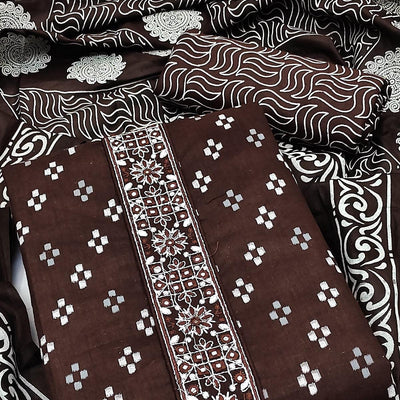 Coffee Printed With Embroidered Cotton Blend Dress Material