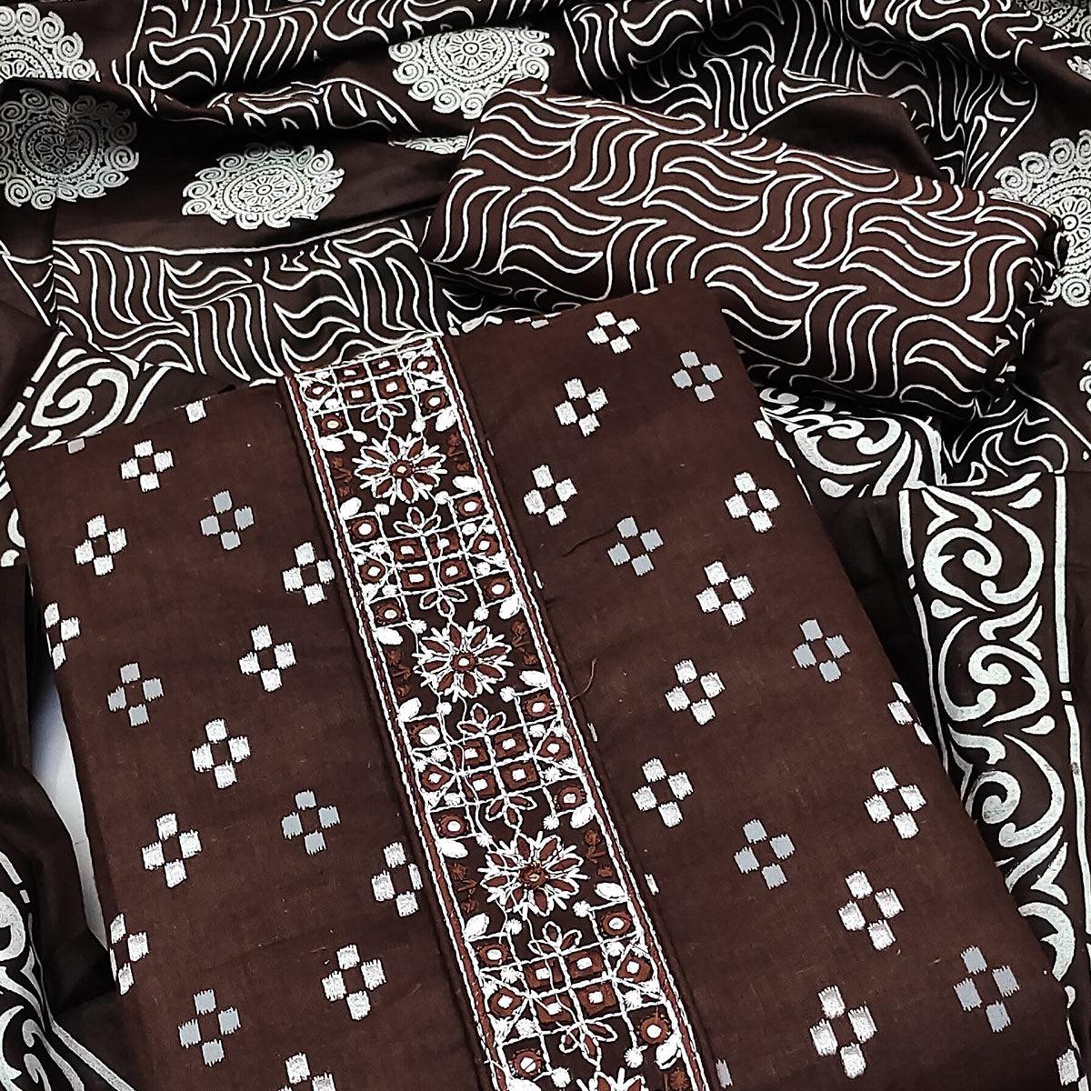 Coffee Printed With Embroidered Cotton Blend Dress Material