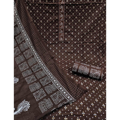 Coffee Printed With Embroidered Cotton Blend Dress Material