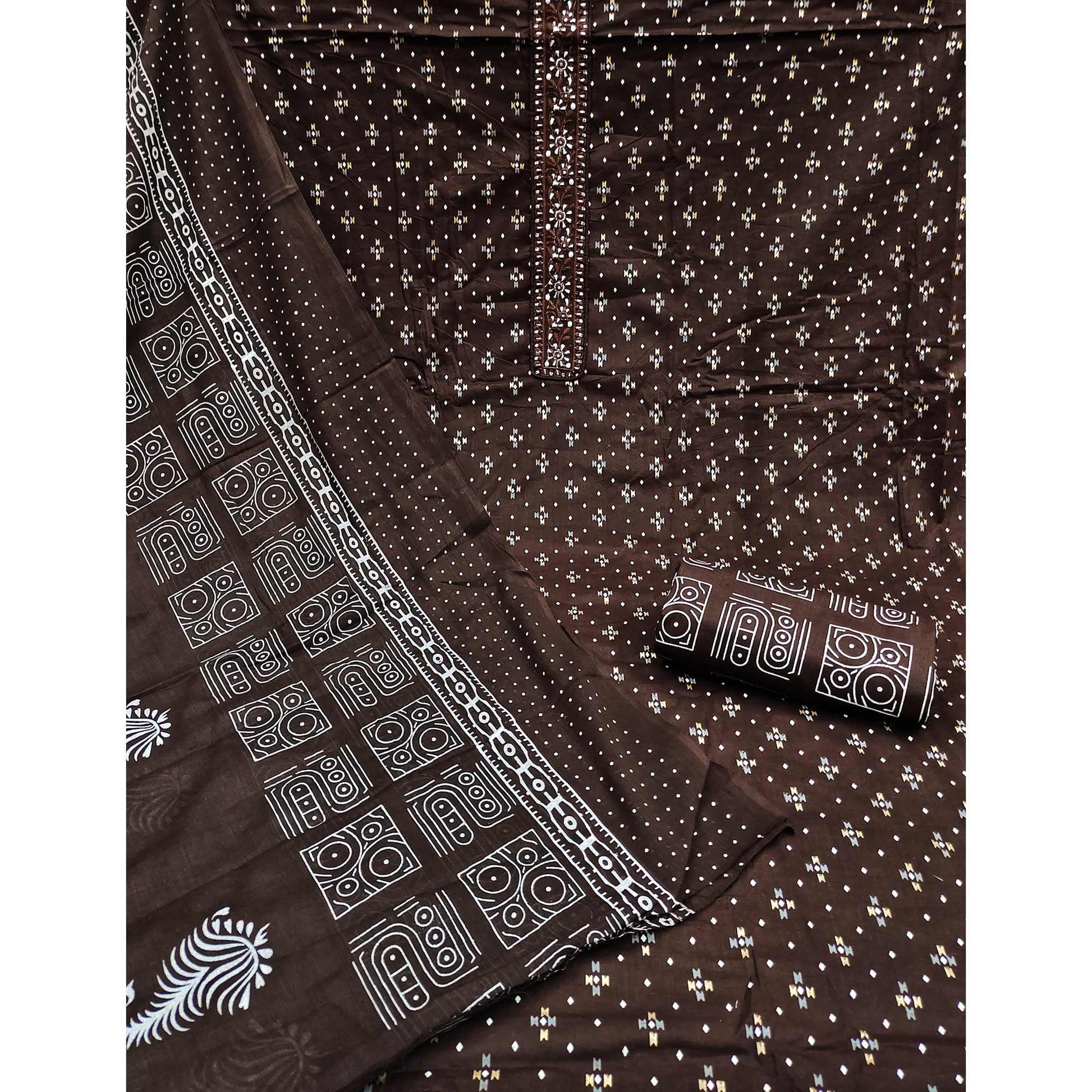 Coffee Printed With Embroidered Cotton Blend Dress Material