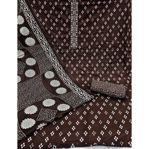 Coffee Printed With Embroidered Cotton Blend Dress Material