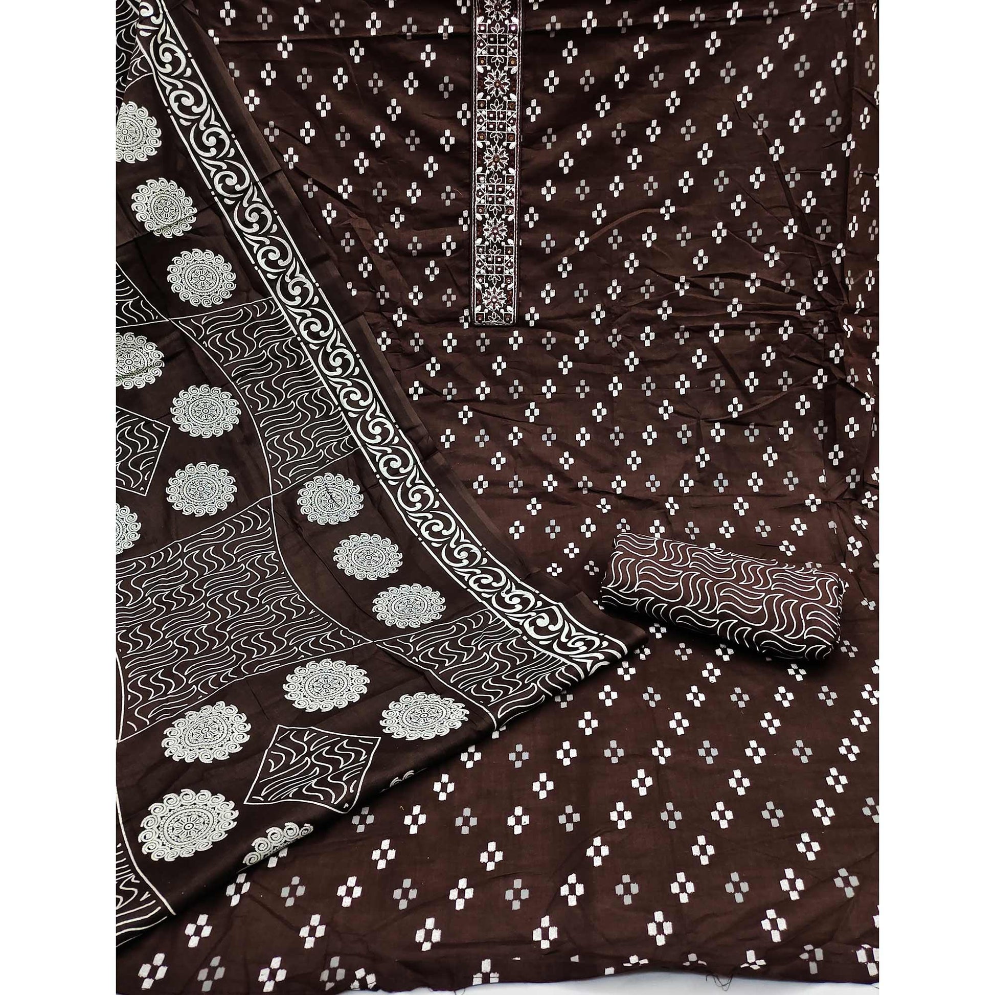 Coffee Printed With Embroidered Cotton Blend Dress Material