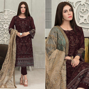 Coffee Sequins With Floral Embroidered Georgette Pakistani Suit