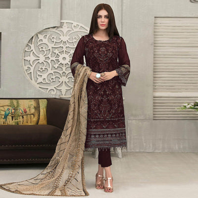 Coffee Sequins With Floral Embroidered Georgette Pakistani Suit