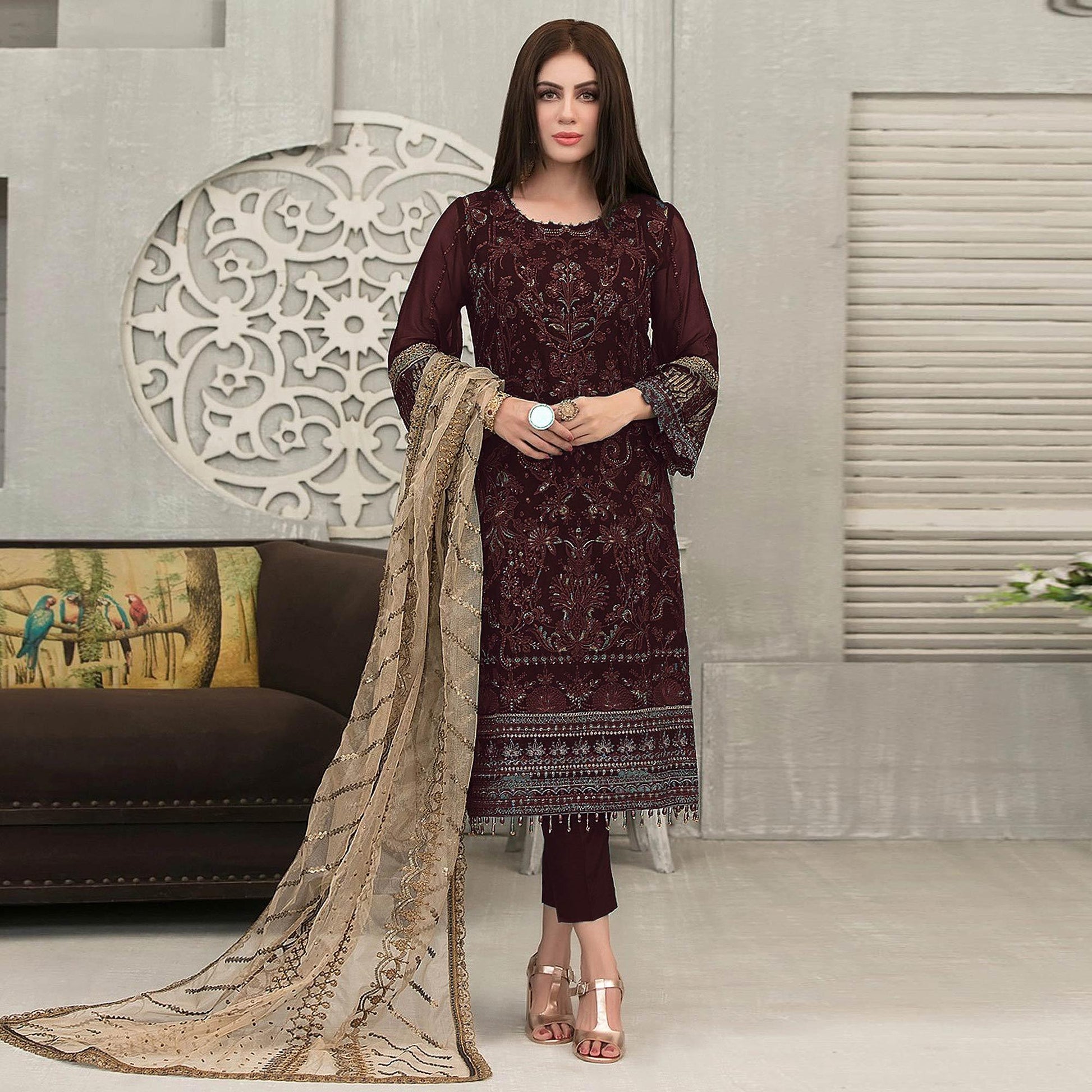 Coffee Sequins With Floral Embroidered Georgette Pakistani Suit