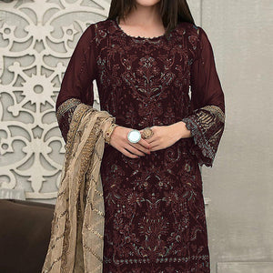 Coffee Sequins With Floral Embroidered Georgette Pakistani Suit