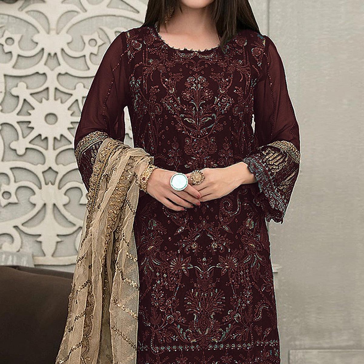 Coffee Sequins With Floral Embroidered Georgette Pakistani Suit