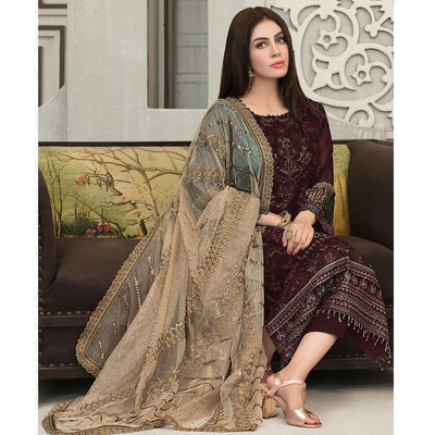 Coffee Sequins With Floral Embroidered Georgette Pakistani Suit
