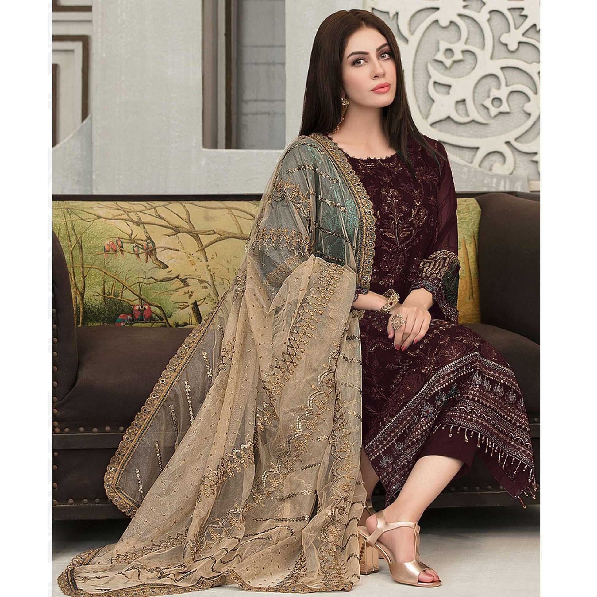 Coffee Sequins With Floral Embroidered Georgette Pakistani Suit