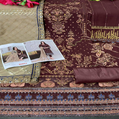 Coffee Sequins With Floral Embroidered Georgette Pakistani Suit