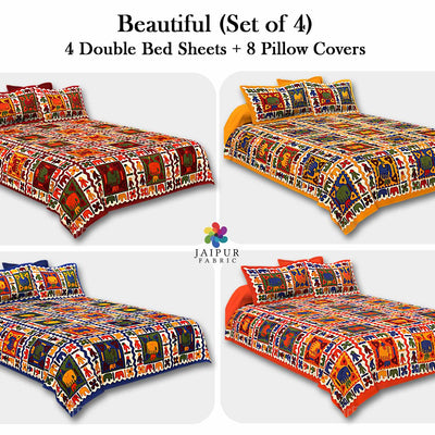 COMBO114 Beautiful Multicolor 4 Bedsheet + 8 Pillow Cover